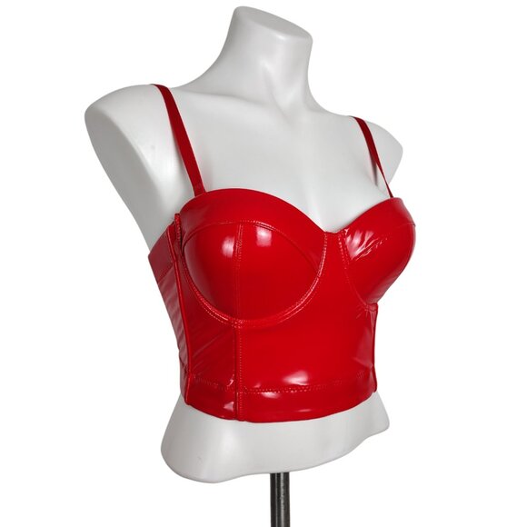 Red Convertible Shiny PU Leather Wet Look Bustier Corset Crop Top - Picture 2 of 9